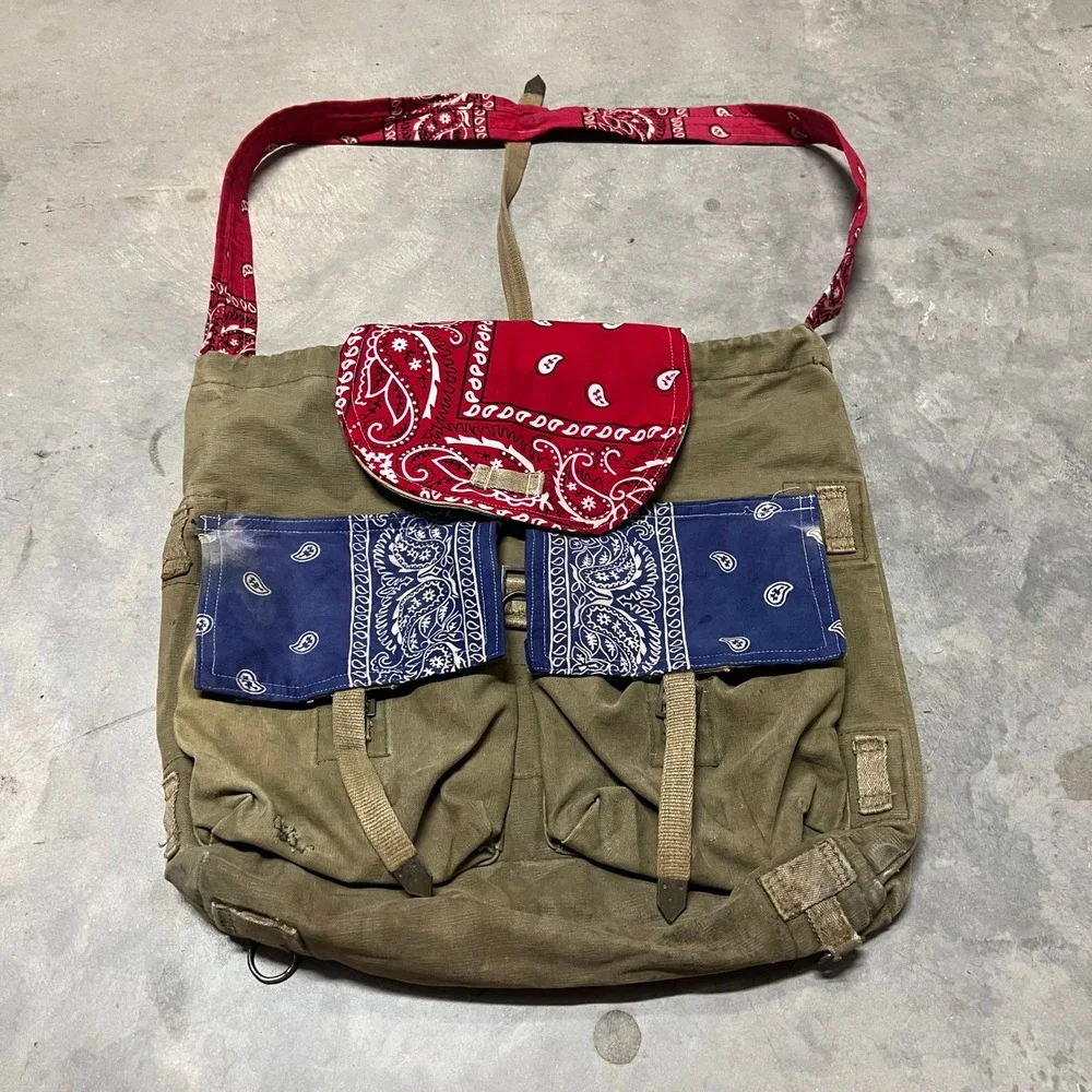 Handmade Czech Canvas Messenger Bag Blue Bandana Paisley Olive Green Crossbody